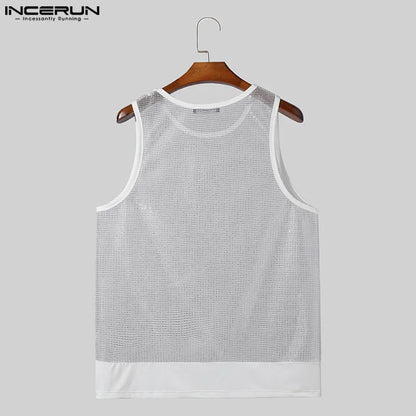 Sexy Fashion Style Tops INCERUN Mens Glitter Micro Perspective Vests Casual Streetwear Patchwork Edge Sleeveless Tank Tops S-5XL