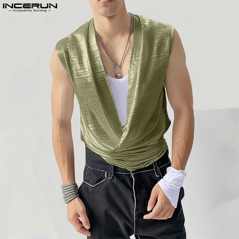 INCERUN Tops 2024 Koreanischen Stil Männer Flash Pile Kragen Design Tank Tops Casual Clubwear Männlichen Bequeme Ärmellose Westen S-5XL