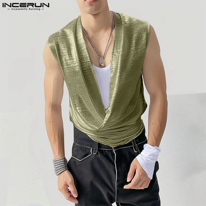 INCERUN Tops 2024 Korean Style Men's Flash Pile Collar Design Tank Tops Casual Clubwear Male Comfortable Sleeveless Vests S-5XL