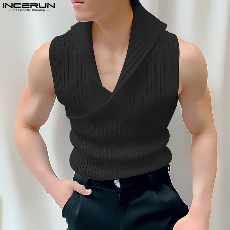 Fashion Well Fitting Tops INCERUN Mens Solid Striped Lapel Vests Summer Casual Streetwear Simple Sleeveless Tank Tops S-5XL 2024