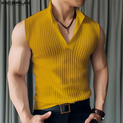 INCERUN Tops 2024 Korean Style Men Solid Knitted Texture Design Vests Casual Simple Male Stand Collar Sleeveless Tank Tops S-5XL