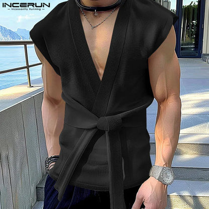 INCERUN 2024 Korean Style New Mens Stylish Texture V-neck Belt Design Vests Summer Leisure Streetwear Sleeveless Tank Tops S-5XL