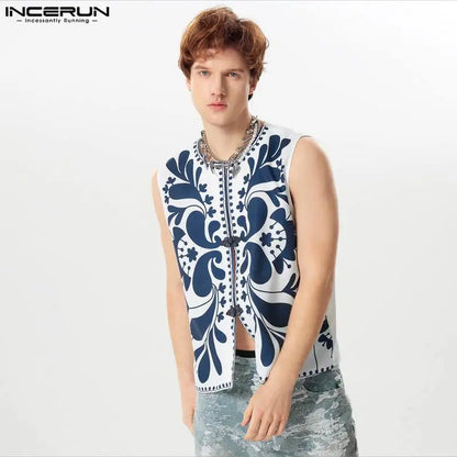 INCERUN Tops 2024 American Style Fashion Men's Buckle Design Shirts Personality Floral Pattern Sleeveless Cardigan Blouse S-5XL