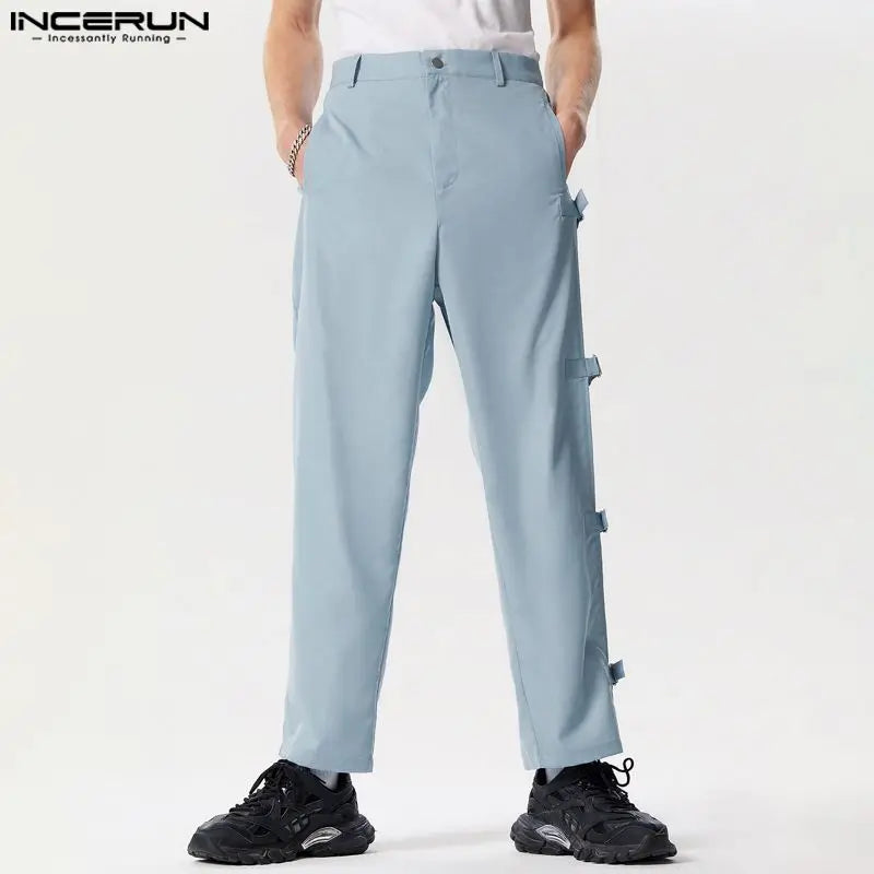 INCERUN 2024 American Style Men's Pantalons Casual Side Buckle Design Hollow Pants Leisure Streetwear Hot Selling Trousers S-5XL