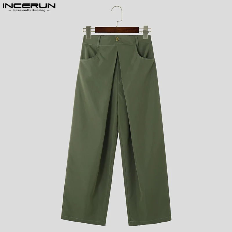 INCERUN 2024 Koreanische Stil Neue Männer Hosen Plissee Doppel Bund Design Hosen Casual Streetwear Männlichen Breite Bein Pantalons S-5XL