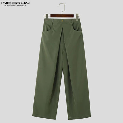 INCERUN 2024 Koreanische Stil Neue Männer Hosen Plissee Doppel Bund Design Hosen Casual Streetwear Männlichen Breite Bein Pantalons S-5XL