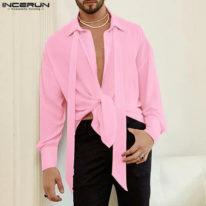 INCERUN Tops 2023 American Style New Men's Fashion Ribbon Design Shirts Casual Street Solid All-match Loose Sleeved Blouse S-5XL