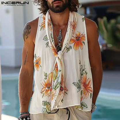 Fashion Casual Style Tops INCERUN New Mens Floral Print Pattern Vests Summer Holiday Male Hot Sale Tie Neck Tank Tops S-5XL 2024