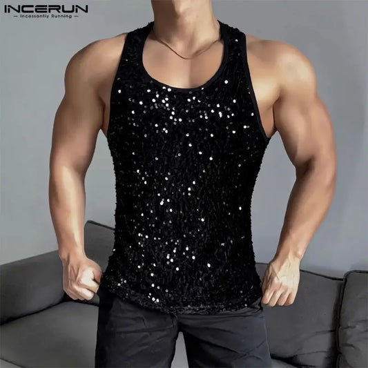 Stylish Hot Sale Tops INCERUN Men Personality Pearl Glitter Design Vests Casual Sport Streetwear Hot Sale O-neck Tank Tops S-5XL