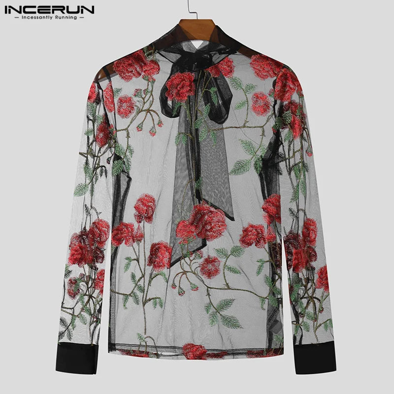 INCERUN Tops 2023 American Style Sexy Mens Mesh Embroidery Ribbon Perspective T-shirts Clubwear Thin Long Sleeved Camiseta S-5XL