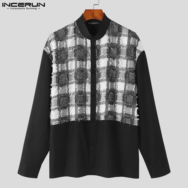 INCERUN Tops 2024 Korean Style Men Tassel Jacquard Patchwork Design Shirt Leisure Simple Long Sleeved Standing Neck Blouse S-5XL