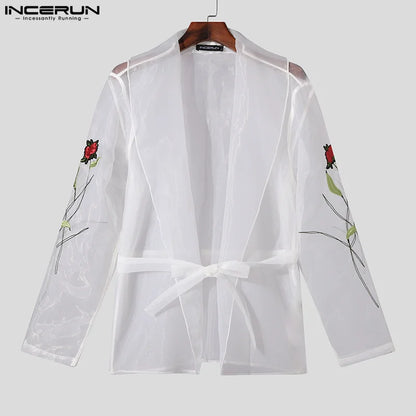 Fashion See-through Tops INCERUN 2024 Men's Rose Sticker Sleeve Shirts Casual Sexy Male Thin Long Sleeved Cardigan Blouse S-5XL