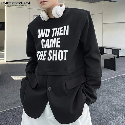 2024 Men T Shirt Printing Patchwork O-neck Long Sleeve Korean Style Men Clothing Streetwear Loose Fashion Tee Tops S-5XL INCERUN