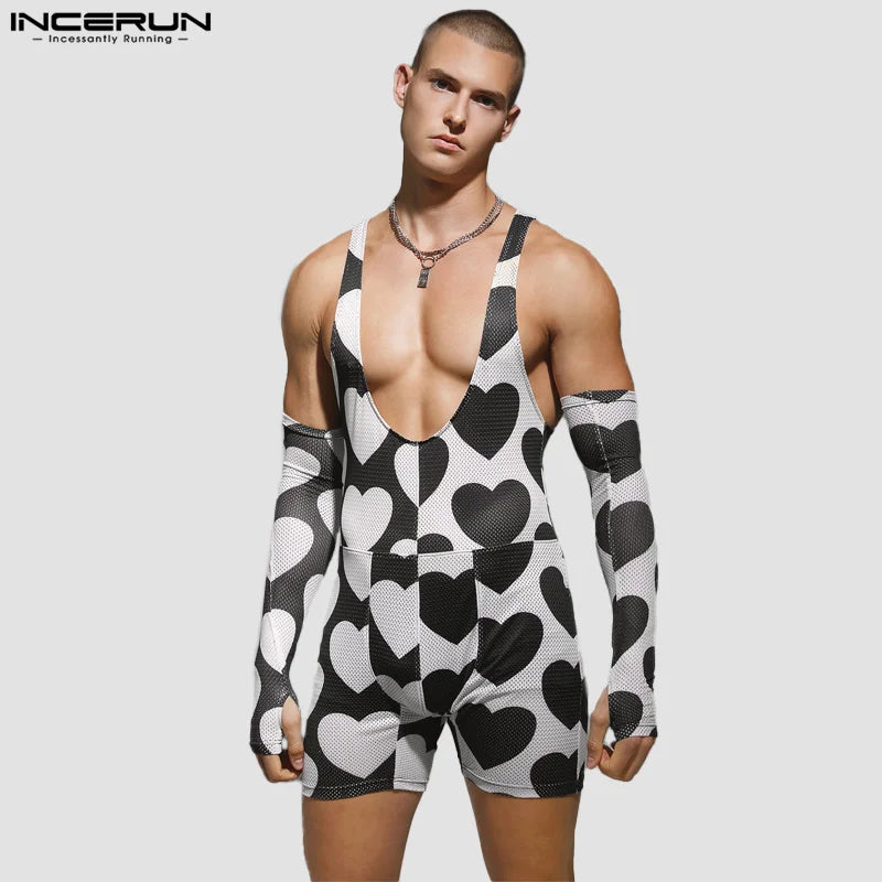 INCERUN 2024 Sexy Hommes Bodys Amour Impression Manches Conception Combinaisons Élégant Homme Homewear Angle Plat Sans Manches Barboteuses S-3XL