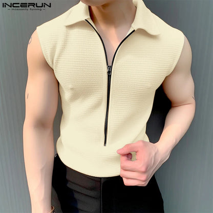 INCERUN Tops 2024 Koreanische Stil Mode Für Männer Zipper Design T-shirts Casual Streetwear Männlichen Solide Revers Ärmelloses Camiseta S-5XL