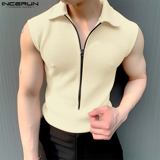 INCERUN Tops 2024 Korean Style Fashion Men's Zipper Design T-shirts Casual Streetwear Male Solid Lapel Sleeveless Camiseta S-5XL