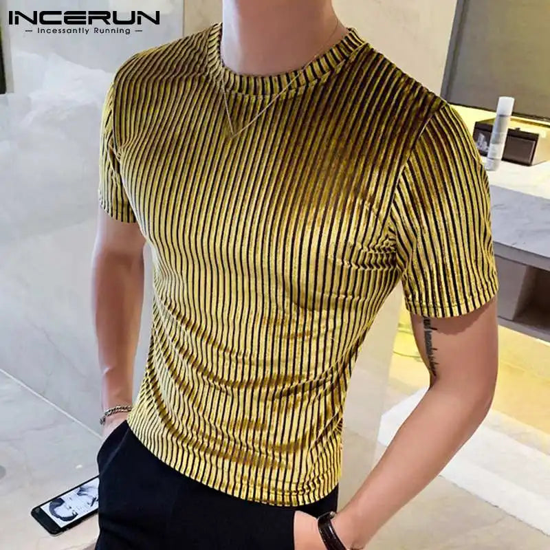 T-shirt décontracté en velours pour hommes, col rond, manches courtes, couleur unie, streetwear, vêtements pour hommes, mode plissée, Camisetas 3XL INCERUN 2023