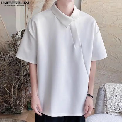 Stylish Well Fitting Tops INCERUN Men Diagonal Front Lapel Shirts Summer Male Casual Streetwear Solid Short Sleeved Blouse S-5XL