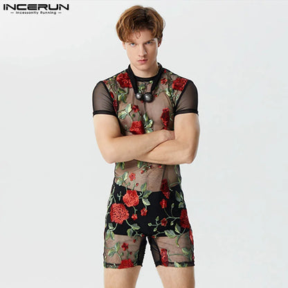 INCERUN Men's Bodysuits Mesh Transparent O-neck Short Sleeve Fashion Rompers Sexy 2024 Flower Embroidery Unisex Playsuits S-5XL