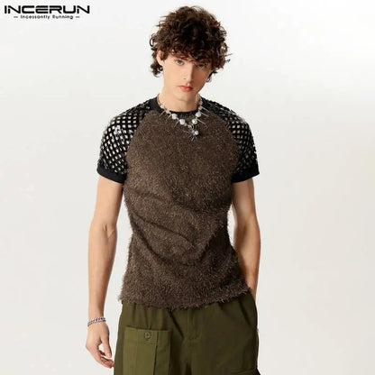 INCERUN Tops 2024 Style américain Nouveaux hommes creux Patchwork daim conception T-shirts personnalité décontractée à manches courtes Camiseta S-5XL