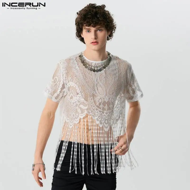 INCERUN Tops 2024 American Style Fashion Men's Lace Perspective Tassel Cropped T-shirts Sexy O-neck Short Sleeved Camiseta S-5XL