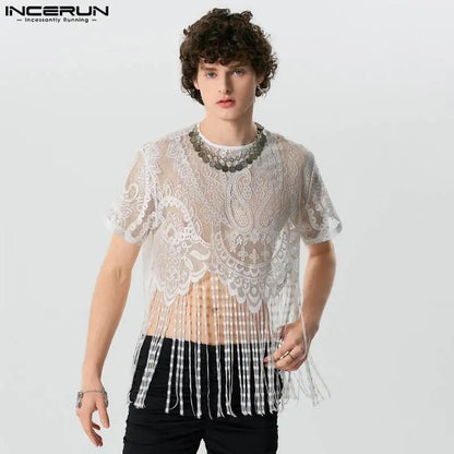 INCERUN Tops 2024 American Style Fashion Men's Lace Perspective Tassel Cropped T-shirts Sexy O-neck Short Sleeved Camiseta S-5XL