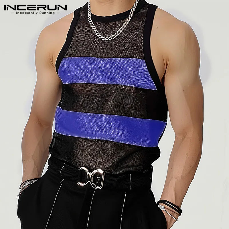 INCERUN Tops 2024 Koreanischen Stil Herren Mesh Kontrast Farbe Patchwork Tank Tops Sexy Mode Perspektive Dünne Ärmellose Westen S-5XL