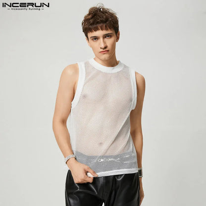 INCERUN Tops 2023 American Style New Men See-through Mesh Waistcoat Fashion Casual Male Hot Sale Knit Sleeveless Tank Tops S-5XL