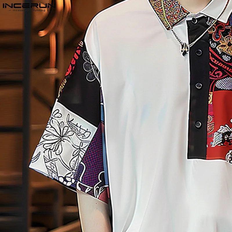 Handsome Well Fitting Tops INCERUN Men Personality Printed Shirts Casual Clubwear Male Hot Sale Short Sleeved Lapel Blouse S-5XL