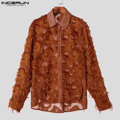 INCERUN Tops 2024 American Style New Men's Jacquard Tassel See-through Mesh Shirts Fashion Party Shows Long Sleeved Blouse S-5XL