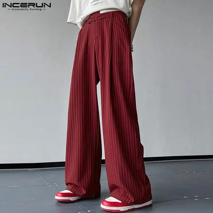 INCERUN 2024 Korean Style New Men Pantalons Fashion High Waist Stripe Long Pants Casual Streetwear Male Straight Trousers S-5XL