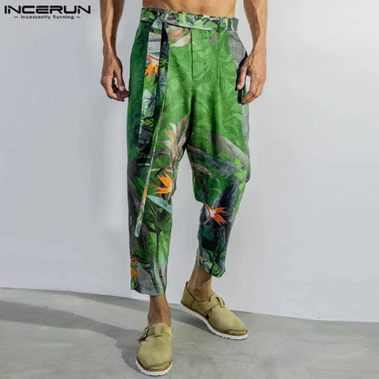 INCERUN 2024 American Style Trousers Stylish New Men Floral Print Long Pant Leisure Streetwear Male Straight Leg Pantalons S-5XL