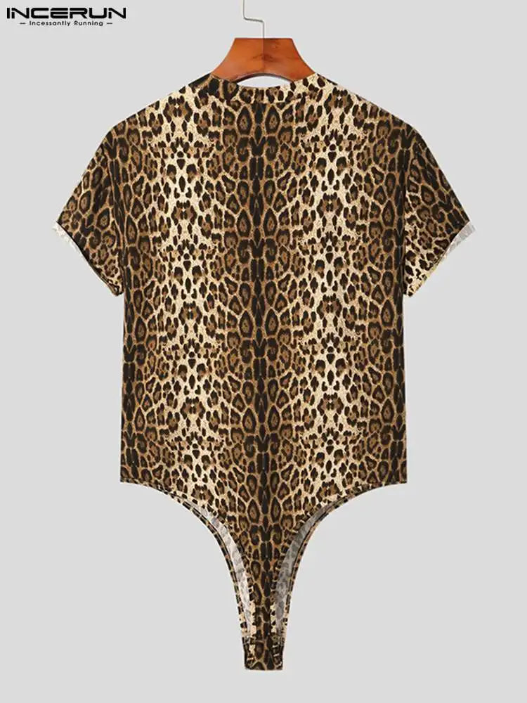 INCERUN Comfortable Homewear New Men's Hot Sale Onesies Sexy Leisure Leopard Printing Rompers Short Sleeve Bodysuits S-5XL 2022