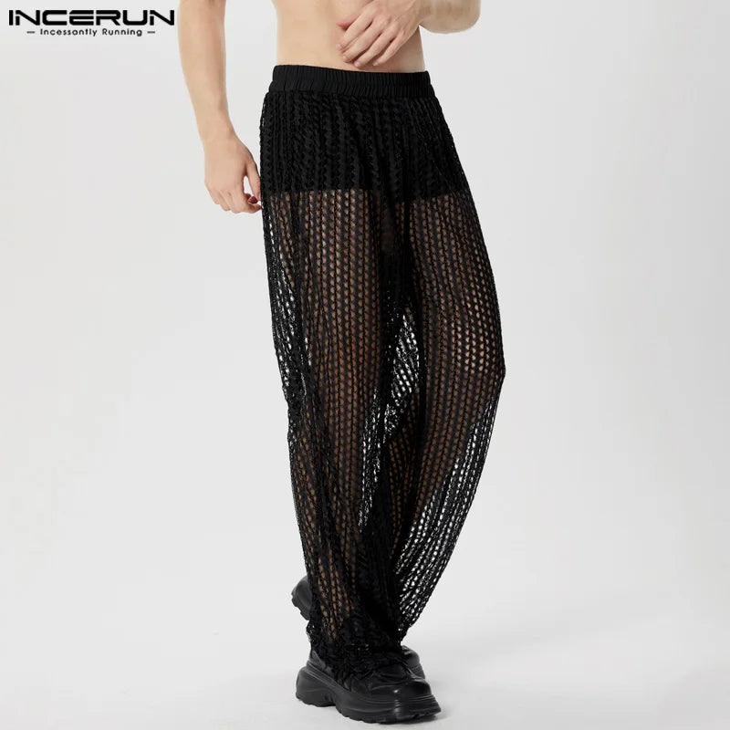 INCERUN 2024 American Style Trousers Sexy Men's Thin Hollow Mesh Design Long Pants Casual Party Show Hot Selling Pantalons S-5XL