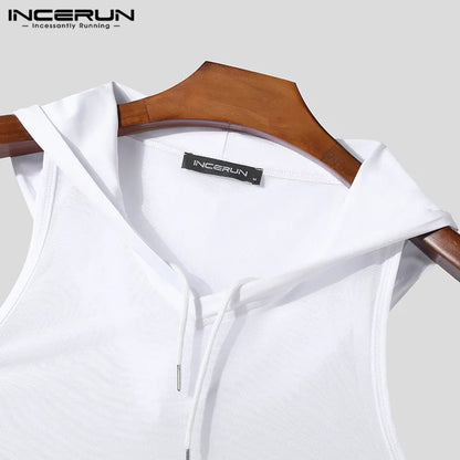 INCERUN Men Tank Tops Mesh Transparent Hooded Sleeveless V Neck Male Vests Streetwear Solid Color Sexy 2024 Fashion Men Clothing