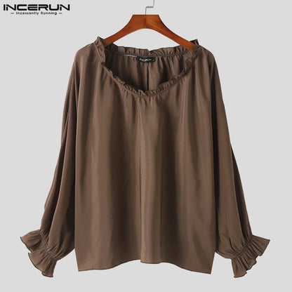 INCERUN Tops 2024 Fashionable New Men's Loose O-neck Ruffled Design T-shirts Casual Solid All-match Long Sleeved Camiseta S-5XL