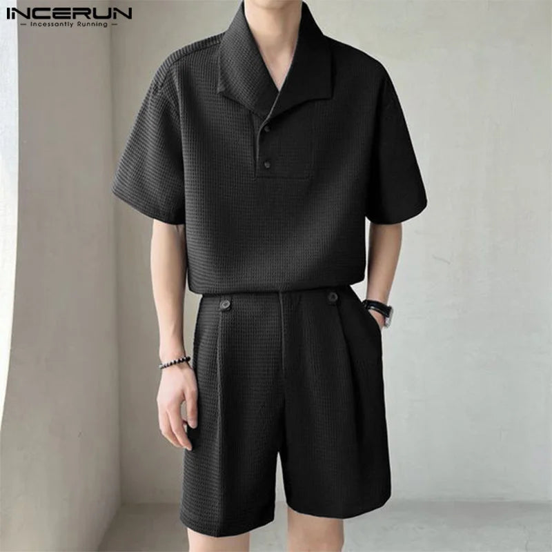 INCERUN 2024 Korean Style Sets Stylish Men Lapel Neck Short Sleeved Tops Split Long Pants Leisure Streetwear Suit 2 Pieces S-5XL