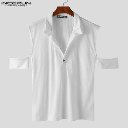 INCERUN Tops 2024 Korean Style Handsome Men's Knitted Off Shoulder T-shirts Casual Solid Stand Neck Short Sleeved Camiseta S-5XL