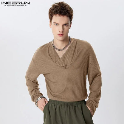 Handsome Well Fitting Tops INCERUN Men Loose Pile Neck Striped Pullovers Stylish Clubwear Solid Long Sleeved Sweaters S-3XL 2024