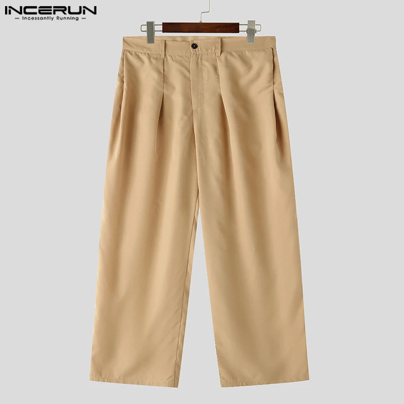 INCERUN 2024 Hose im koreanischen Stil für Herren, lockere Silhouette, stilvolle lange Hose, lässig, gut sitzend, solide Pantalons mit weitem Bein, S-5XL