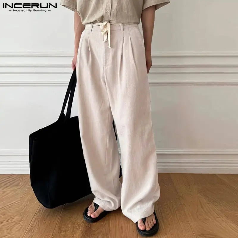 INCERUN 2024 Korean Style Trousers Men's Strappy Double Pleated Coarse Fiber Straight Leg Pant Male Solid Simple Pantalons S-5XL