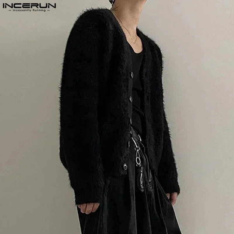 INCERUN Hommes Pulls Couleur Unie En Peluche Col En V À Manches Longues Cardigan Décontracté Hommes Streetwear 2023 Mode Loisirs Tricoté Vêtements D'extérieur