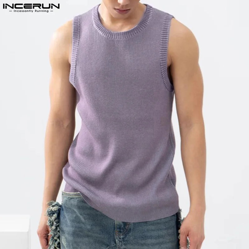 INCERUN Tops 2024 Korean Style Handsome New Men Solid Knitted Pit Vests Casual Streetwear Hot Selling Sleeveless Tank Tops S-5XL