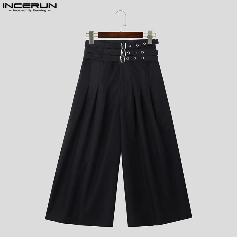 INCERUN 2024 Koreanische Stil Männer Hosen Lose Gefaltete Multi Schleife Bund Hose Freizeit Streetwear Feste Breite Bein Pantalons S-5XL