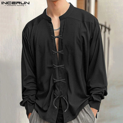 Fashion Well Fitting Tops INCERUN New Men's Deep V-neck Lace Up Design Shirts Casual Streetwear Solid Long Sleeved Blouse S-5XL