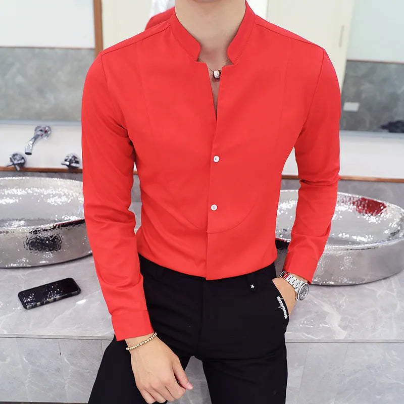 2024 Frühling 3 Farbe Stehkragen Hemd Hohe Qualität Männer Langarm Slim Fit Casual Shirt Schwarz Weiß Rot Business Kleid Shirts