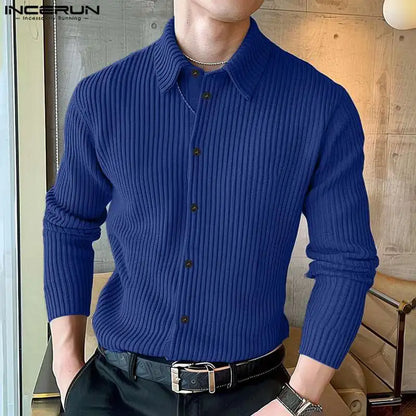 Fashion Well Fitting Tops INCERUN Men's Solid Striped Texture Shirt Casual Streetwear Simple Male Long Sleeved Blouse S-5XL 2024