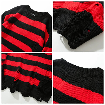 High Street Retro Punk Red and Black Stripes Autumn Sweater Men Loose Ripped Hole Tassel Pullover Round Neck Casual Clothes