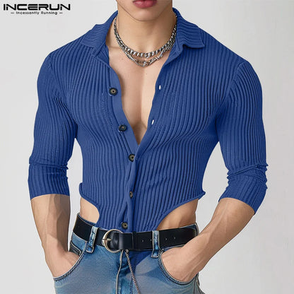 Fashion Casual Style Tops INCERUN New Men's Knitted Striped Irregular Hem Shirts Male Sexy Solid Color Long Sleeved Blouse S-5XL