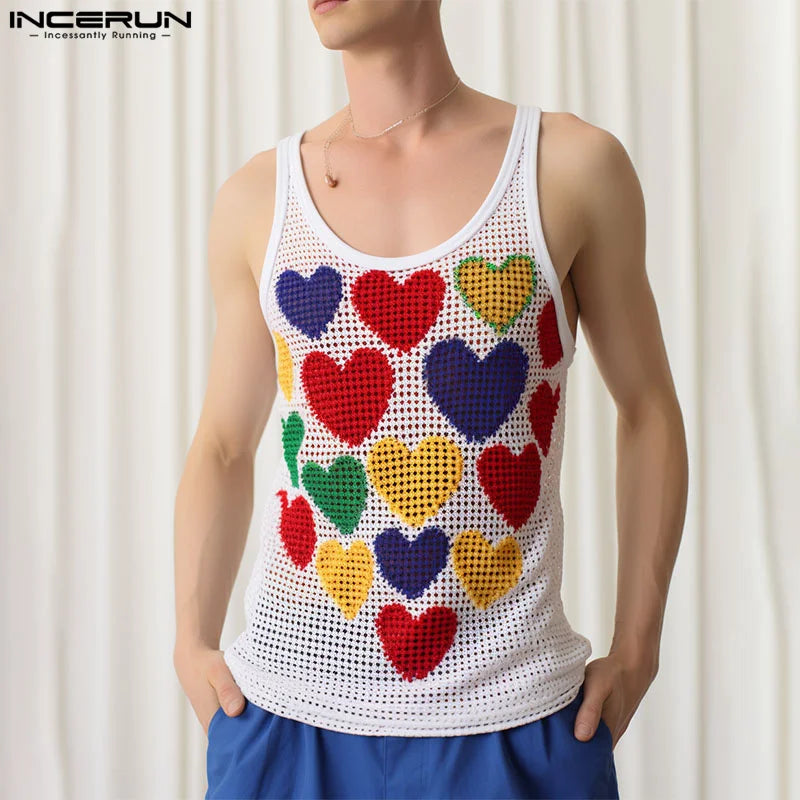 INCERUN Tops 2024 Koreanische Stil Herrenmode O-Ausschnitt Bunte Herz Höhlte Print Tank Tops Casual Streetwear Männlichen Westen S-5XL